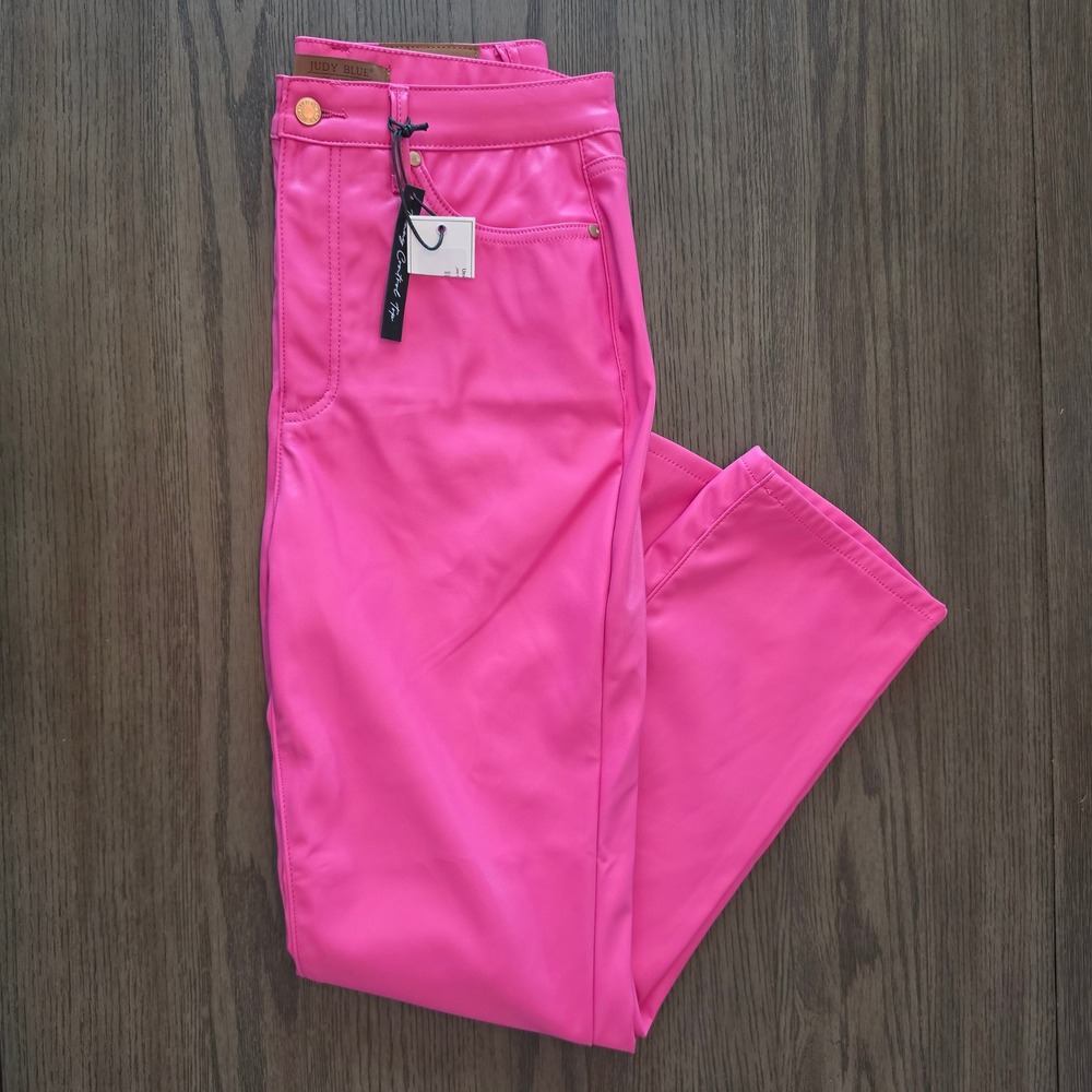 Judy Blue Hot Pink Faux Leather Control Top Straight Leg Pants 11/30 NWT